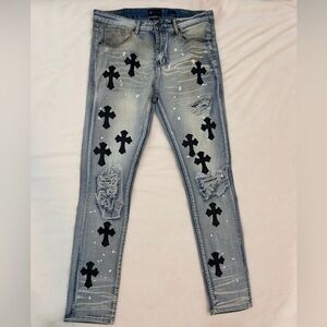 Waimea Men’s Distressed Skinny Jeans with Black Crosses, Size 34